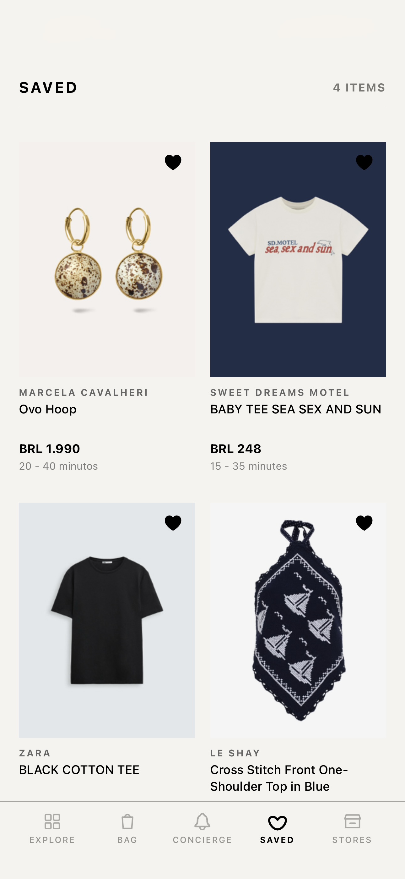 Saved products page
